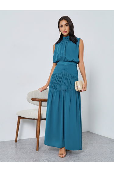 Teal Pleating Waist Sleeveless Maxi Dress