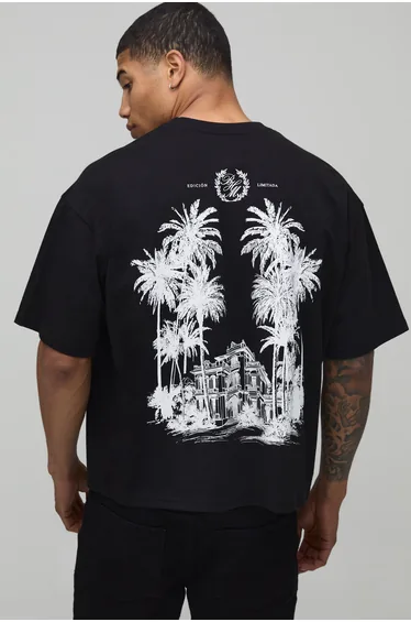Palm Print Oversized Boxy T-shirt - black