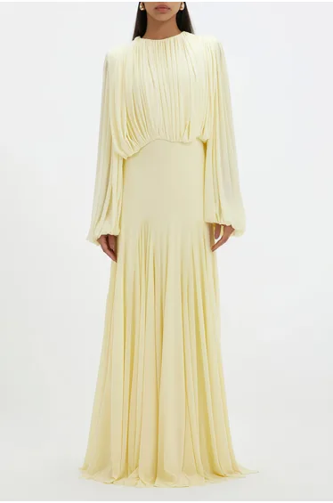 Annabelle Yellow Lantern Sleeve Pleated Maxi Dress