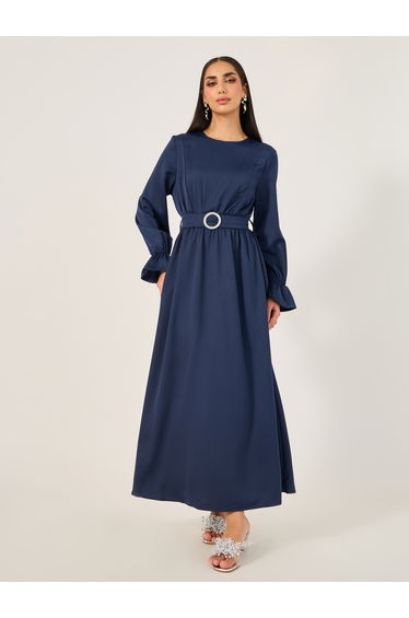 Solid Belted Flounce Hem Sleeves Jalabiya