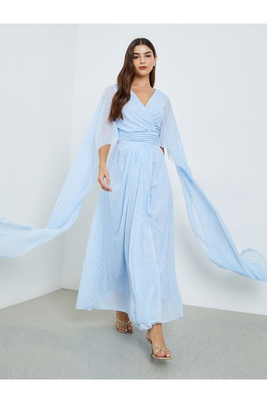Women Blue Foil Print Cape Sleeve Maxi Dress