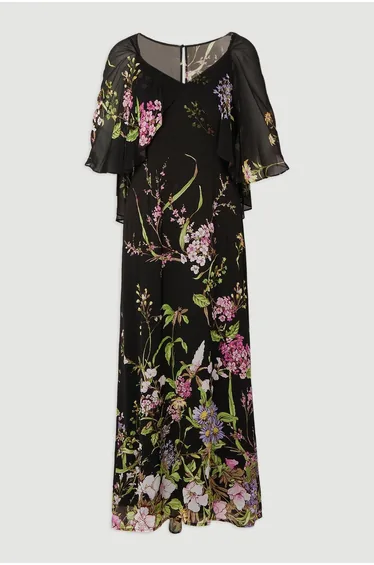 Floral Border Print Viscose Woven Cape Sleeve Maxi Dress