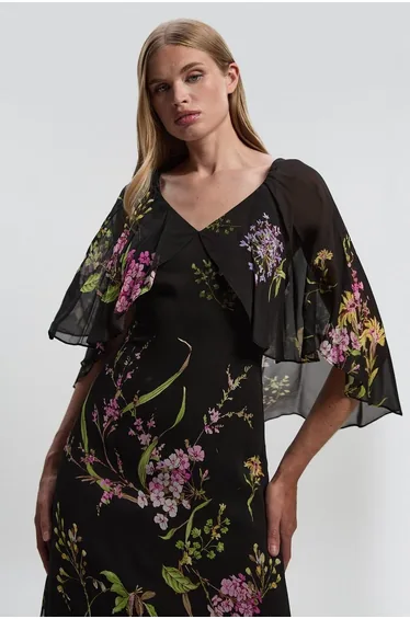 Floral Border Print Viscose Woven Cape Sleeve Maxi Dress