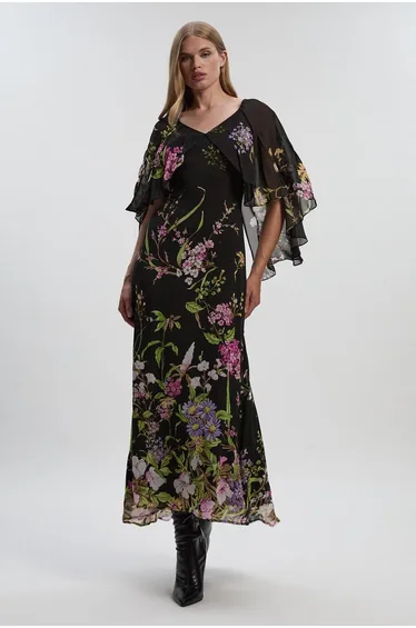 Floral Border Print Viscose Woven Cape Sleeve Maxi Dress