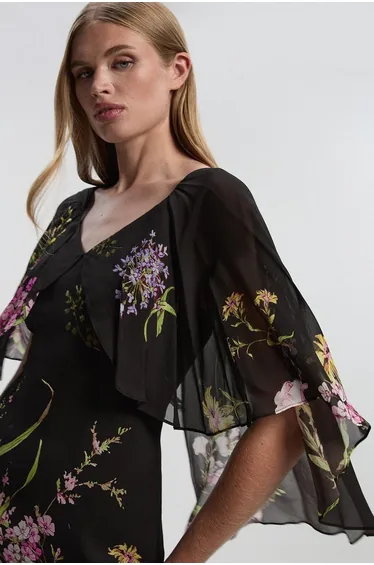 Floral Border Print Viscose Woven Cape Sleeve Maxi Dress