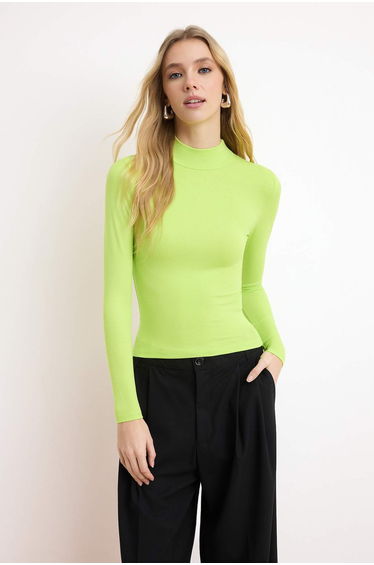 Pistachio Green Stand Collar Straight Long Sleeve Stretchy Knitted Blouse