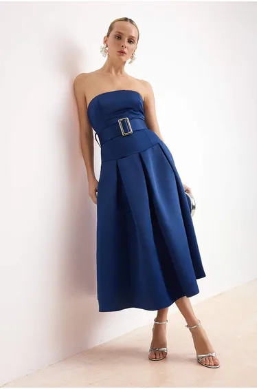 Navy Blue Plain Satin Strapless Neckline Pleated Belt Detail Midi Dress