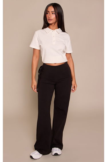 Petite Black Foldover Waistband Tie Side Wide Leg Trousers