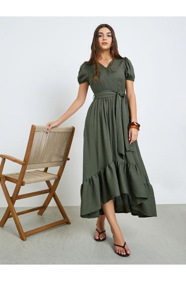 Green Wrap Maxi Dress with Puff Sleeves