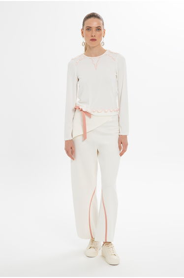Ecru Blouse with Stitching Detail and Long Sleeves