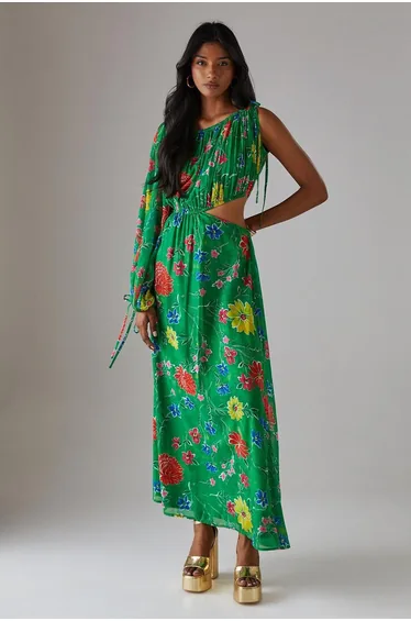 Chiffon One Shoulder Balloon Sleeve Cut Out Midi Dress