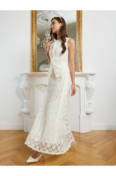 Women Cream Applique A-Line Maxi Skirt