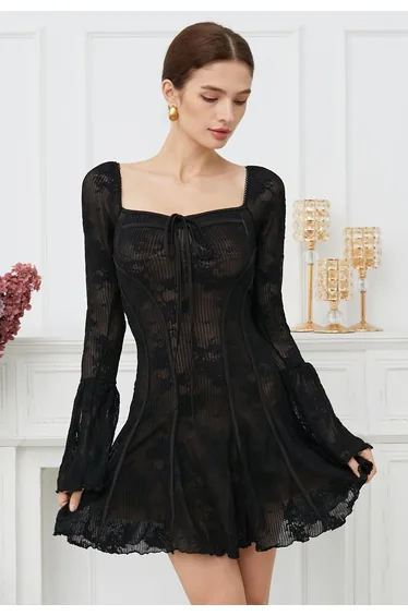 Square Neck Floral Binding Trimmed Mini Dress in Black