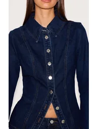 Indigo Long Sleeve Cinch Waist Denim Shirt - 3