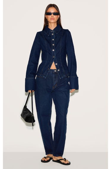 Indigo Long Sleeve Cinch Waist Denim Shirt