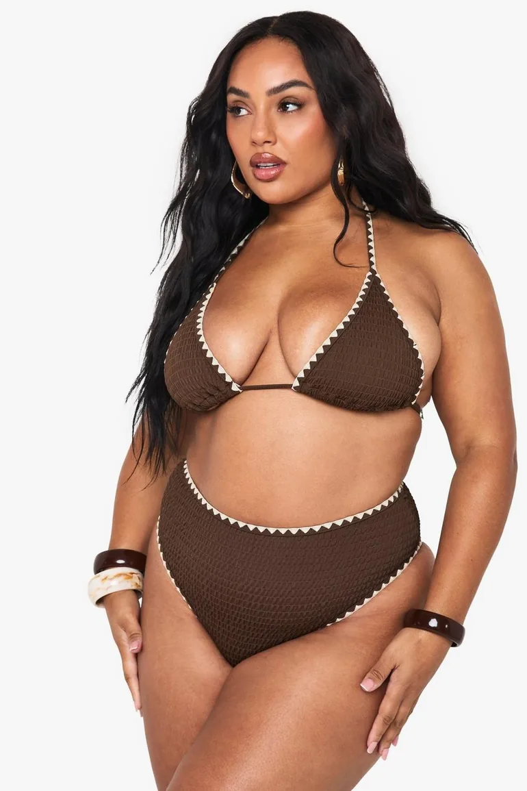 PLUS CONTRAST STITCH TRIANGLE BIKINI SET - chocolate - 1