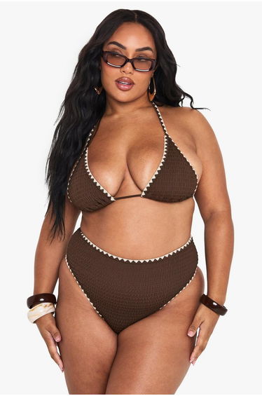 PLUS CONTRAST STITCH TRIANGLE BIKINI SET - chocolate