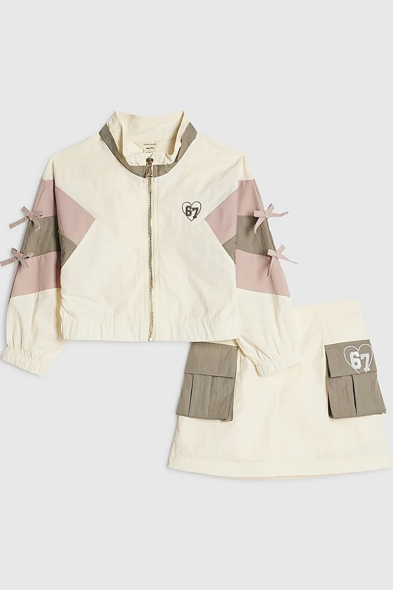 Mini Girls Cream Colour Block Nylon Skirt Set