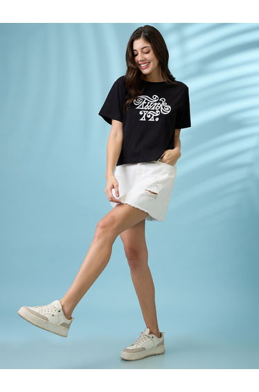 Black Graphic Print Round Neck Oversized T Shirt