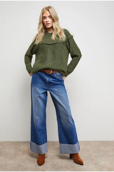 Cable Knitted Crochet Trim Detail Jumper