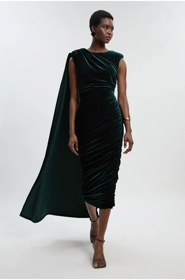 Stretch Velvet Crew Neck Cape Shoulder Dress