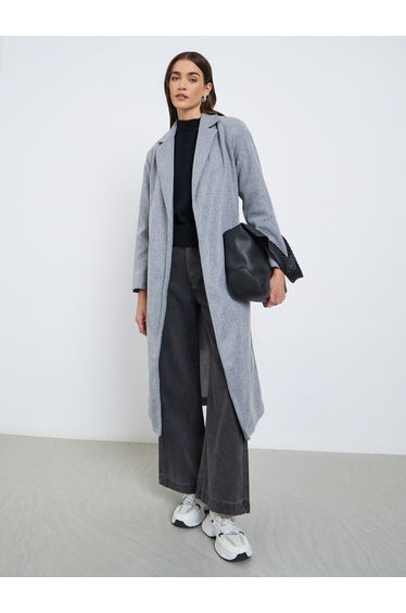 Grey Regular Fit Belted Midi Coat