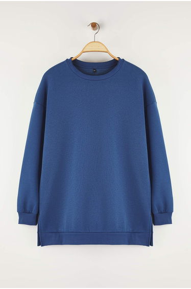 Indigo Thick Fleece Lined Slit Oversize/Loose Cut Knitted Plus Size Sweatshirt