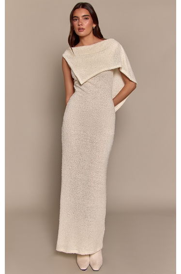 Cream Textured Cape Detail Sleeveless Maxi Dress
