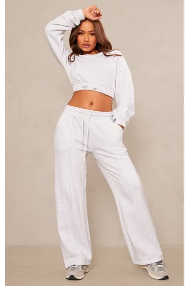 Petite Ash Grey Wide Leg Seam Detail Joggers