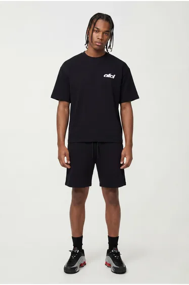 Oversized Boxy OFCL T-Shirt & Extended Drawcord Baggy Short Set - black