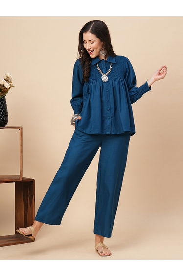 Solid Smocked Detail Buttoned Shirt and Trousers Co-Ords