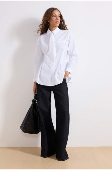 White Regular Terrycotton Plain Woven Tie Detail Hijab Shirt
