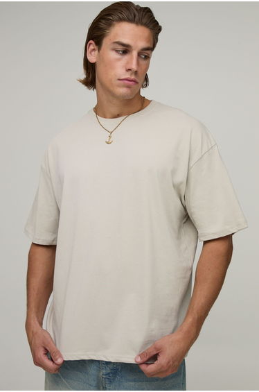 Oversized Boxy Man Script Tennis Court Print T-Shirt - stone