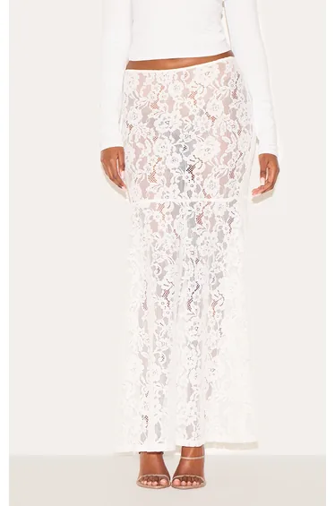 White Floral Lace Sheer Maxi Skirt