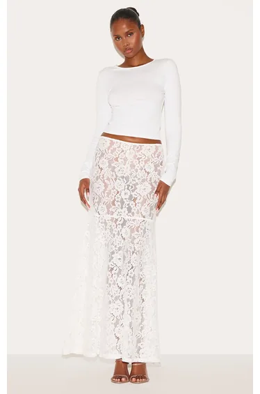 White Floral Lace Sheer Maxi Skirt