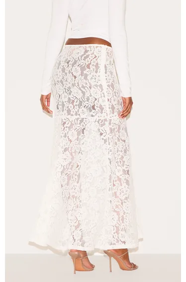 White Floral Lace Sheer Maxi Skirt