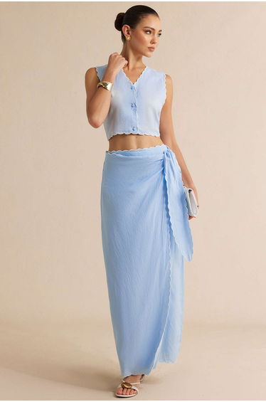 Contrast Whipstitching Linen Tie Front Wrap Skirt