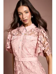 Lace Shirt Mini Belted Dress - 3