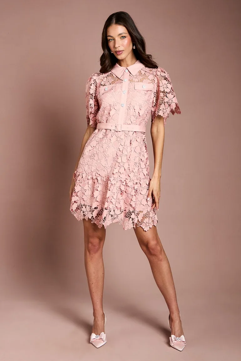 Lace Shirt Mini Belted Dress