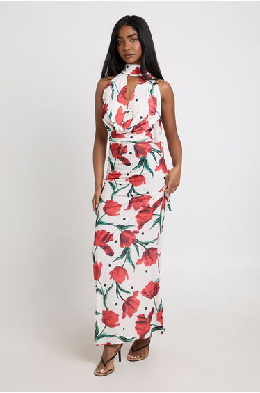 Tonal Floral Polka Dot Print Scarf Detail Maxi Dress - cream