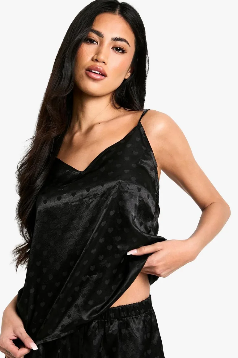 Valentines Satin Heart Jacquard Cami & Shorts Set - black - 3