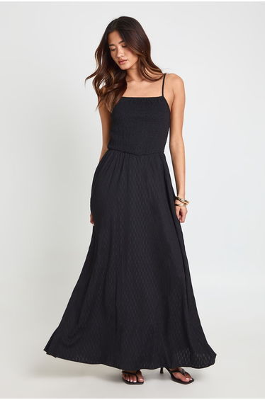 Textured Square Neck Shirred Bodice Maxi Dress - black