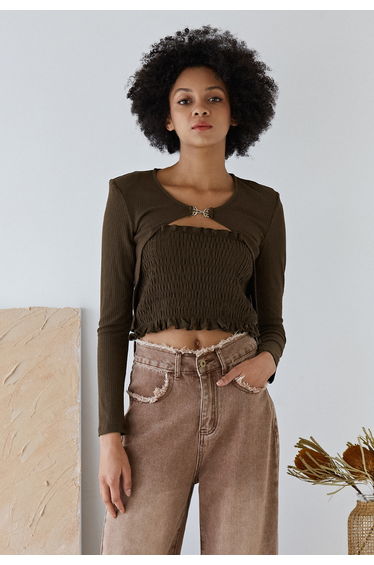 Ruffle Shirred Tube Top and Cardigan Set in Brown