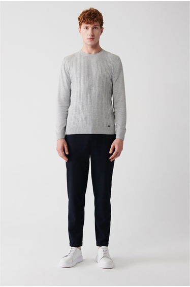 Men's Gray Crew Neck Patterned Knitwear Sweater