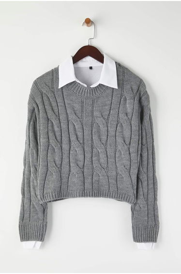 Teen Dark Gray Shirt Garnish Detail Crop Knit Sweater