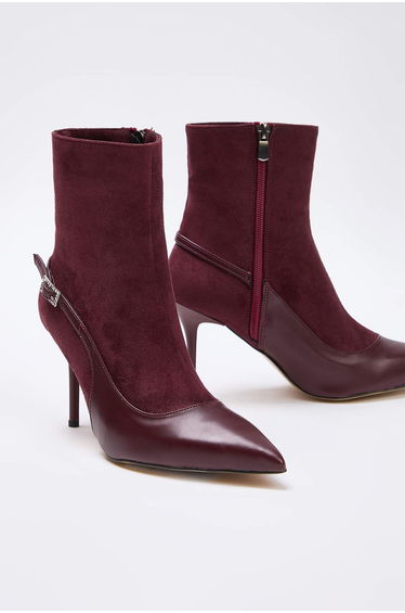 Burgundy suede and leather combination thin heeled women's ankle boots