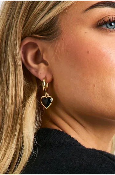 Black Enamel Heart Drop Hoop Earrings - gold