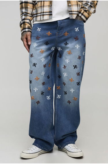 Tall Relaxed Rigid Fleur De Lis Embroidered Jeans - mid wash