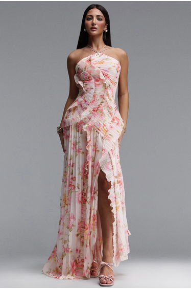 Elleri Resort Flowy Sleeveless Pleated Ruffle Floral Print Woven Maxi Dress