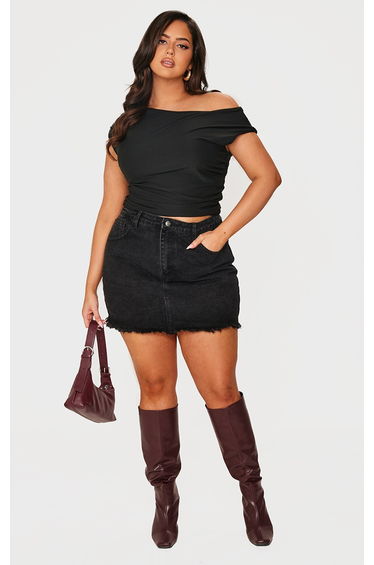 Plus Black Washed Raw Hem Mini Skirt